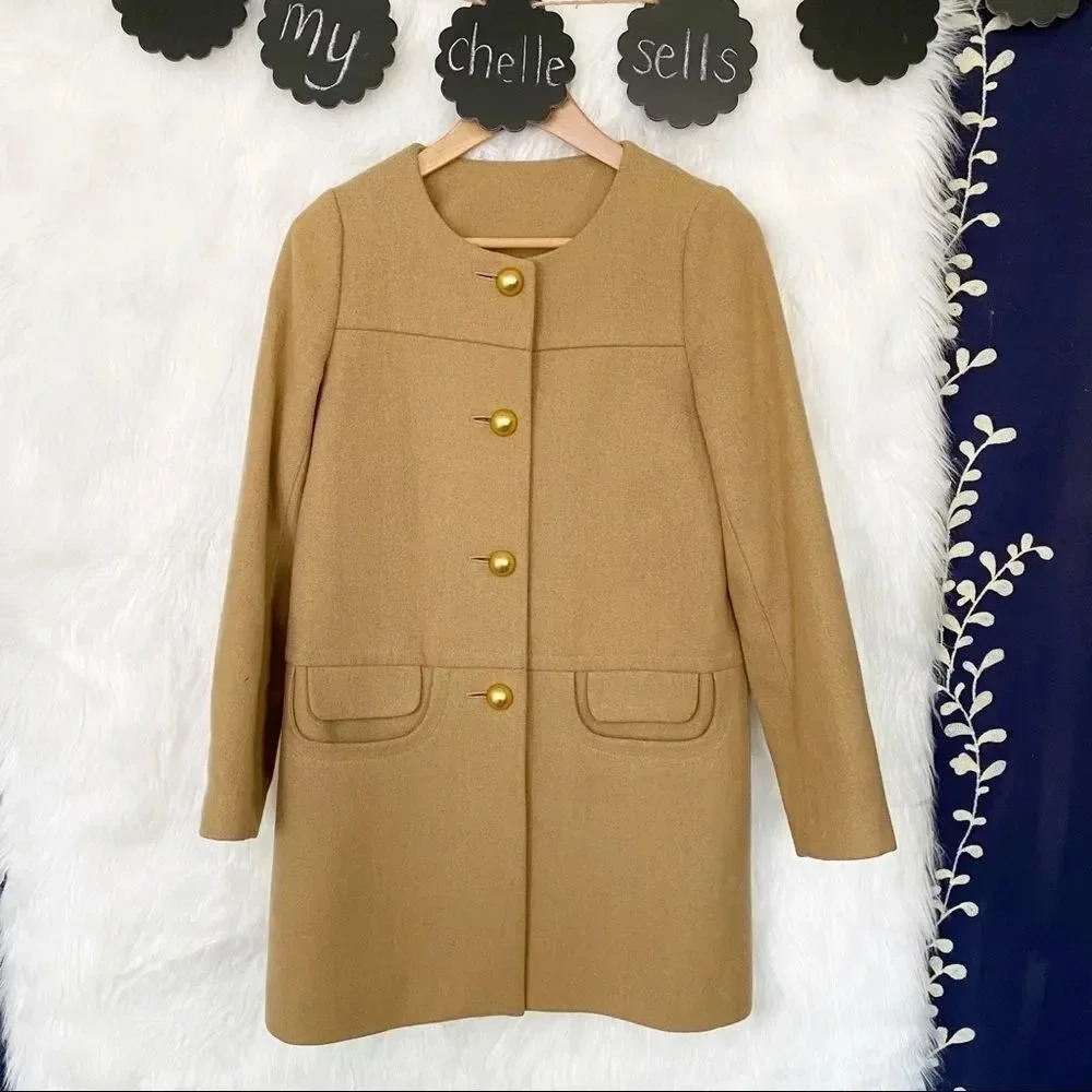 LA JOIE DE VIVRE ET LUCAS Japanese Tan Brown Brass Buttons Collarless Dress Coat
